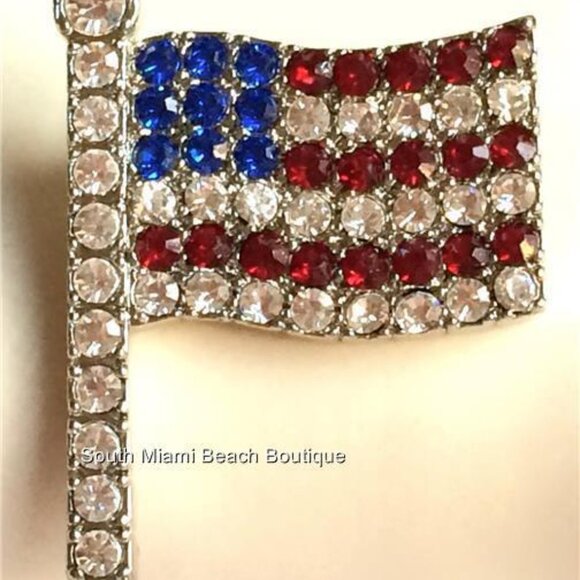 USA American Flag Pin Brooch Patriotic July 4th US Crystal Silver Plated 1.5" - Picture 8 of 12